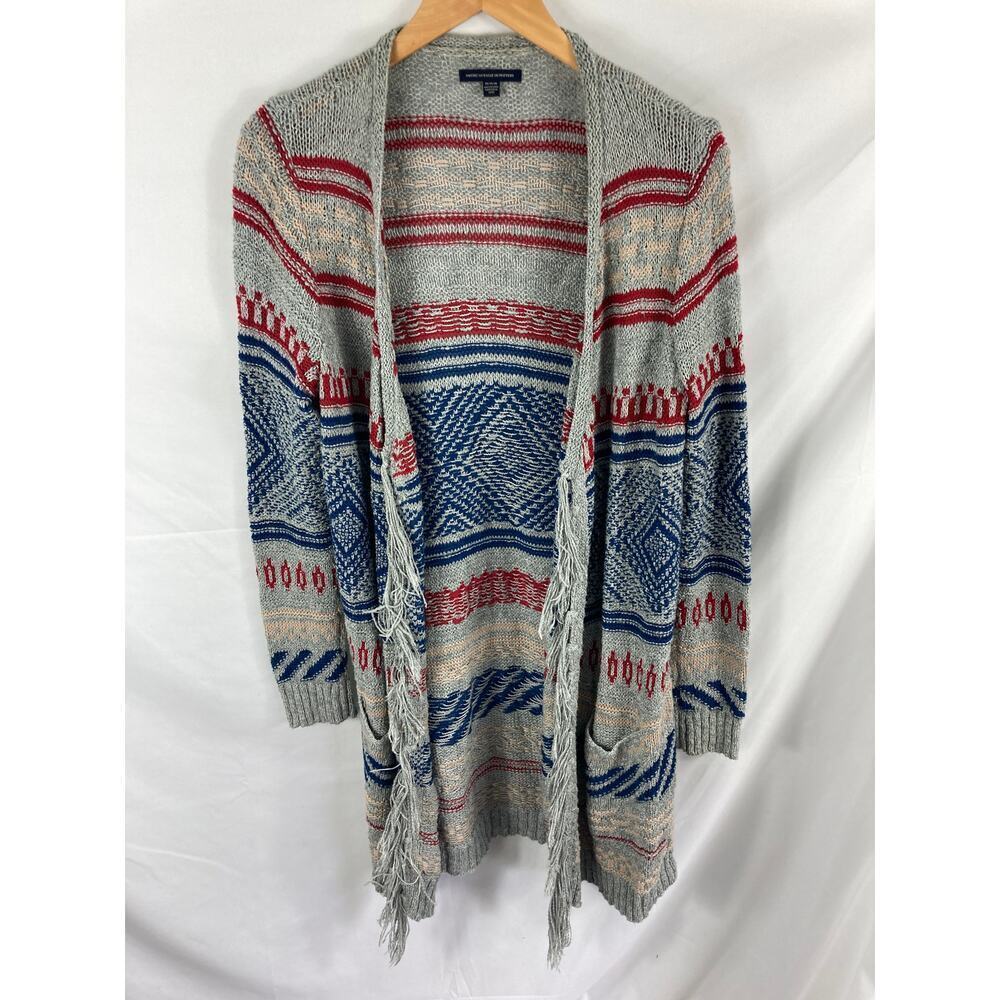 American Eagle Patterned Fringe Longline Knit Cardigan Size Medium